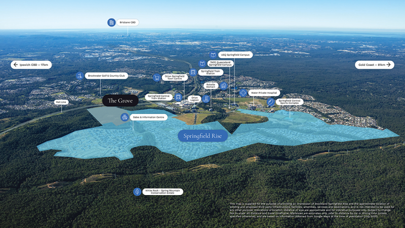 Aerial overview of Springfield Rise and the location of The Grove precinct within the established Spring Mountain community - Photography by Josh Martin © Josh Martin Photography